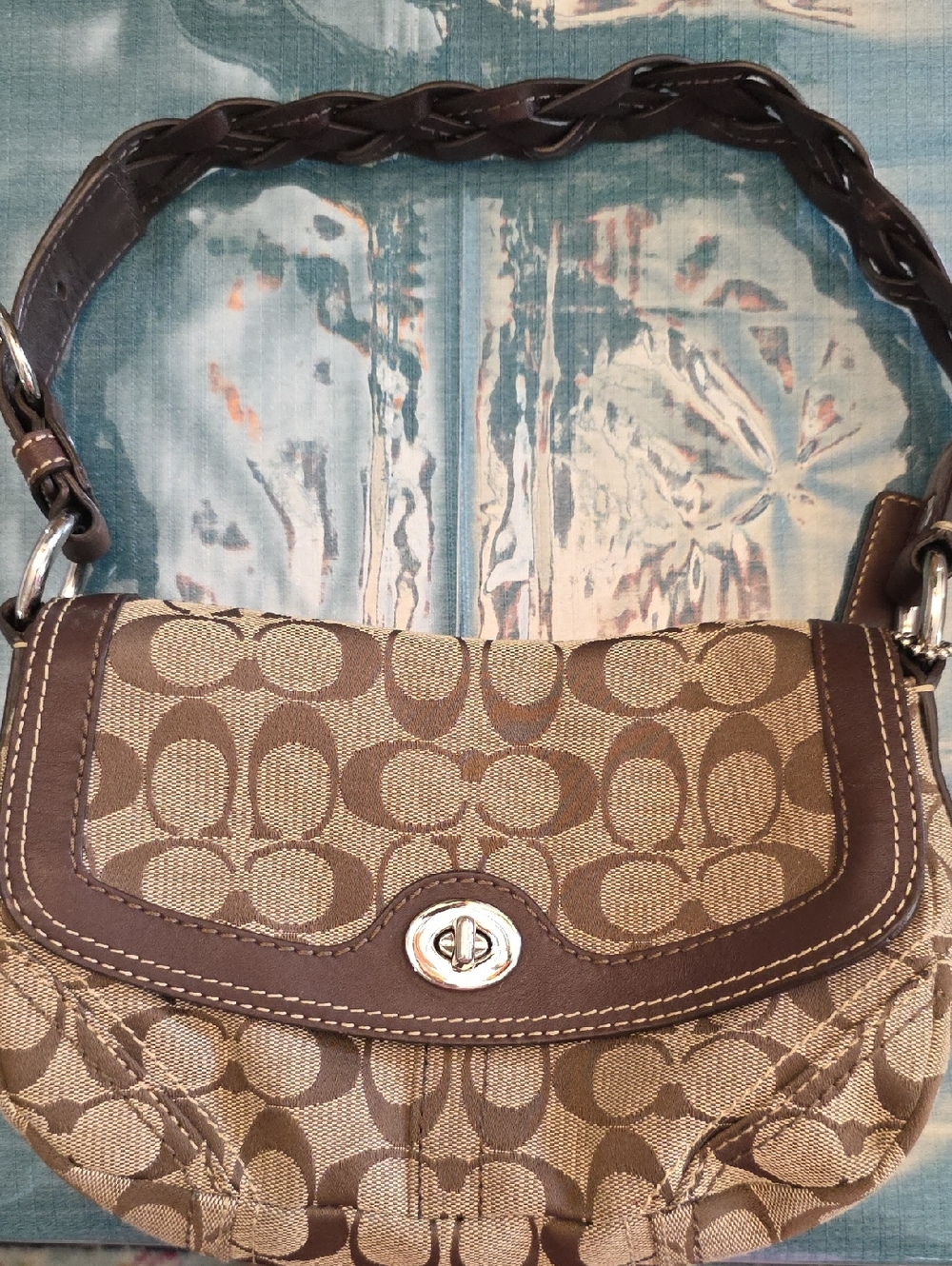 Coach Tan and Brown Signature Canvas Shoulder Bag with Braided Strap